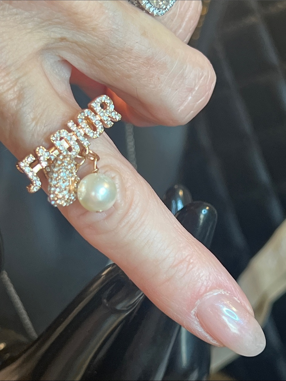 Crystal Ring with Heart and Pearl Charms - Size 7+